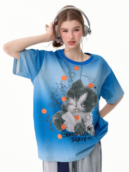 Blue Gradient Art Graffiti Cat Print Crew Neck Slimming Short-Sleeve T-Shirt【s0000017581】