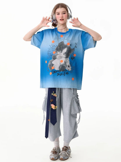 Blue Gradient Art Graffiti Cat Print Crew Neck Slimming Short-Sleeve T-Shirt【s0000017581】