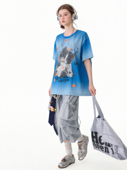Blue Gradient Art Graffiti Cat Print Crew Neck Slimming Short-Sleeve T-Shirt【s0000017581】