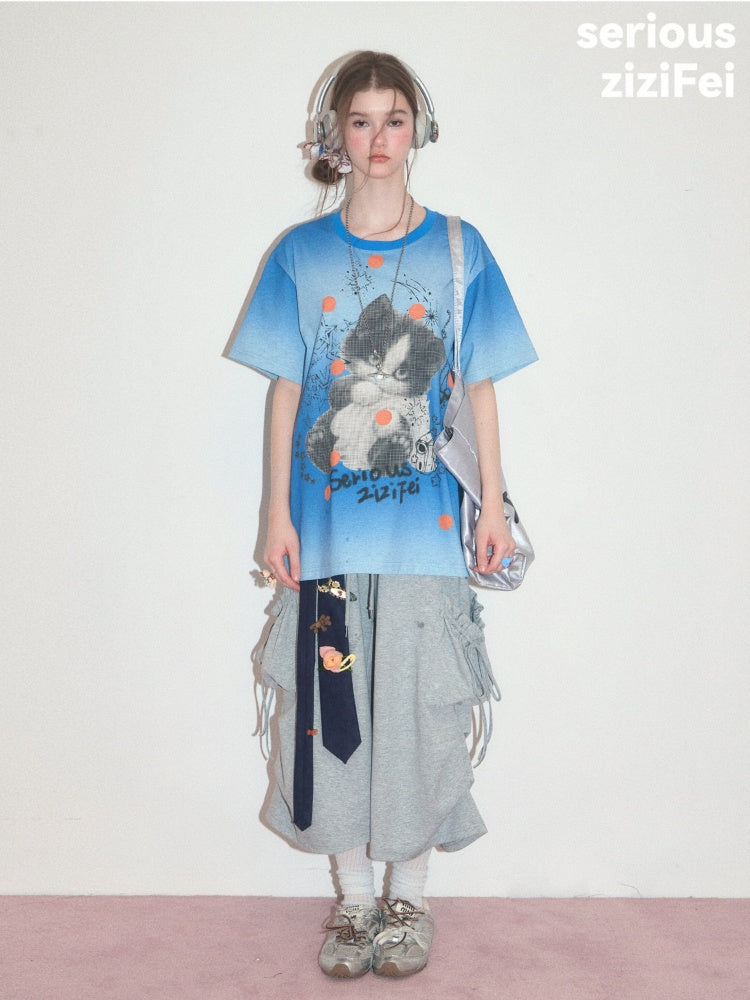 Blue Gradient Art Graffiti Cat Print Crew Neck Slimming Short-Sleeve T-Shirt【s0000017581】
