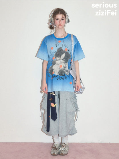 Blue Gradient Art Graffiti Cat Print Crew Neck Slimming Short-Sleeve T-Shirt【s0000017581】