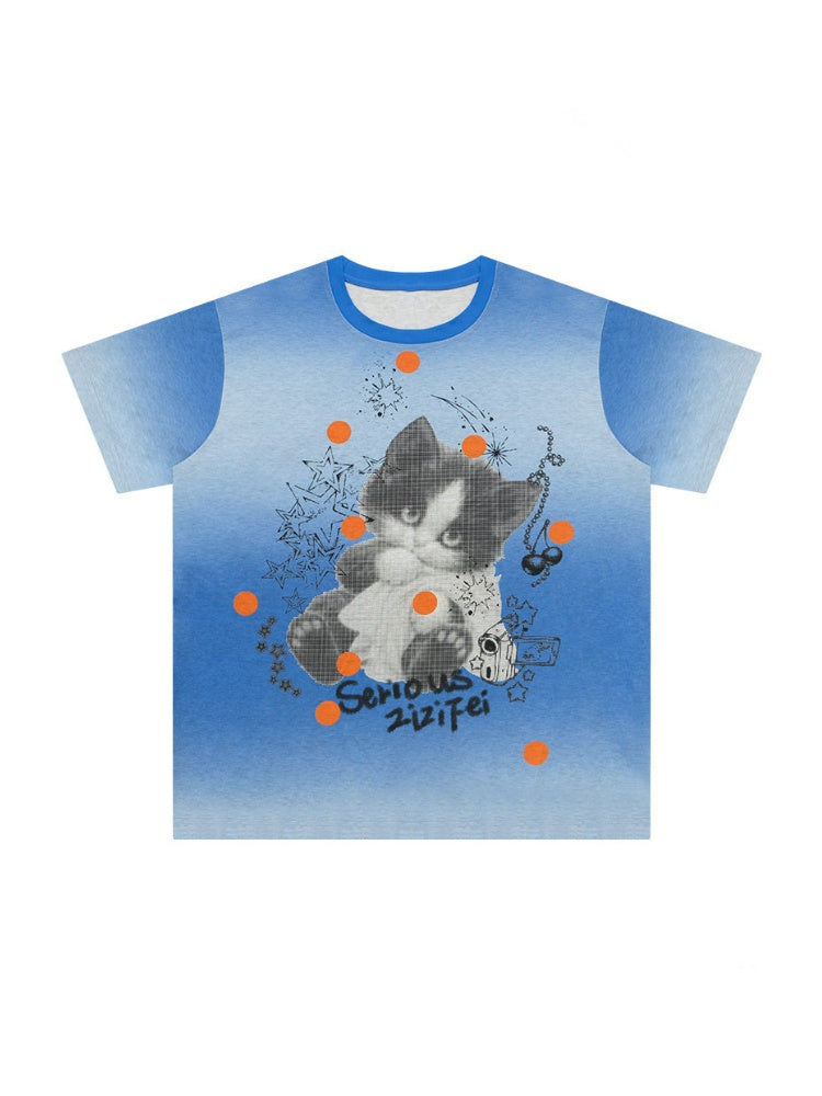 Blue Gradient Art Graffiti Cat Print Crew Neck Slimming Short-Sleeve T-Shirt【s0000017581】