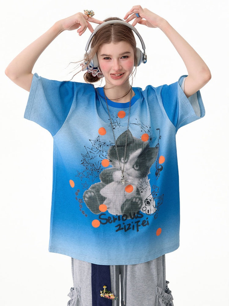 Blue Gradient Art Graffiti Cat Print Crew Neck Slimming Short-Sleeve T-Shirt【s0000017581】