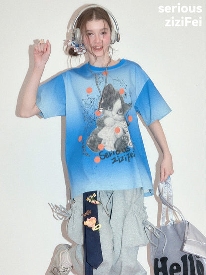 Blue Gradient Art Graffiti Cat Print Crew Neck Slimming Short-Sleeve T-Shirt【s0000017581】