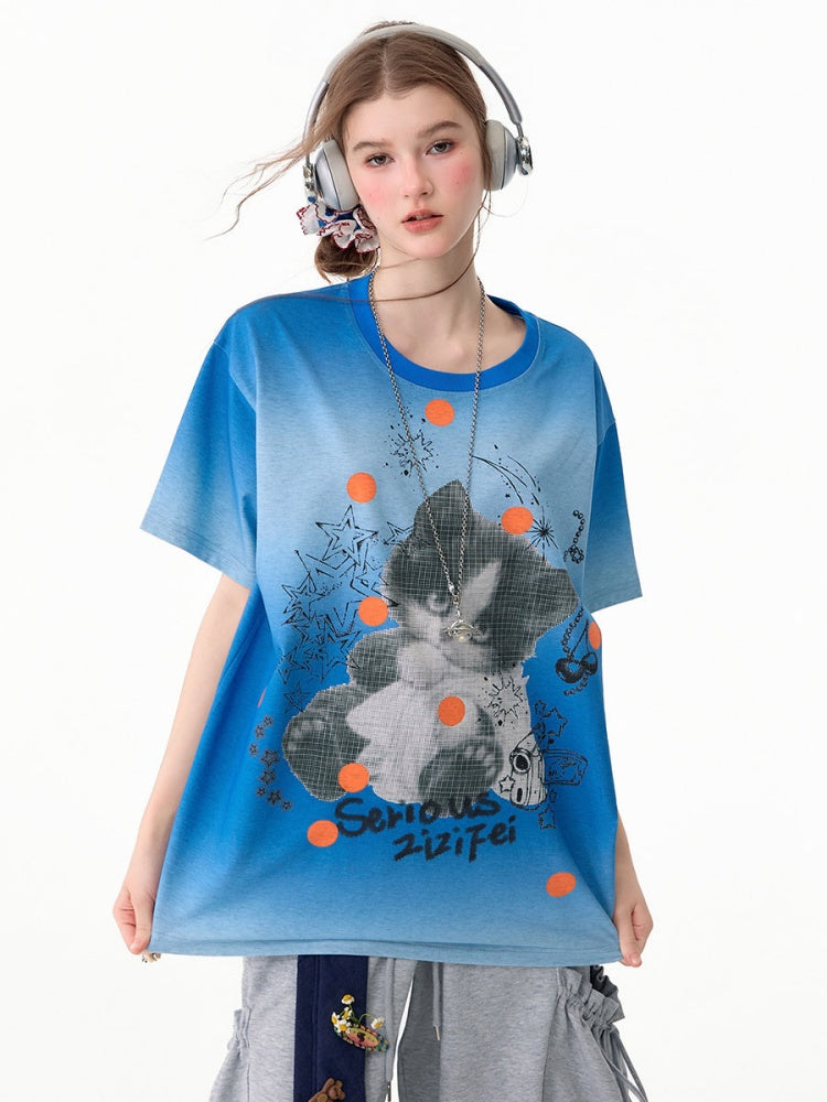 Blue Gradient Art Graffiti Cat Print Crew Neck Slimming Short-Sleeve T-Shirt【s0000017581】
