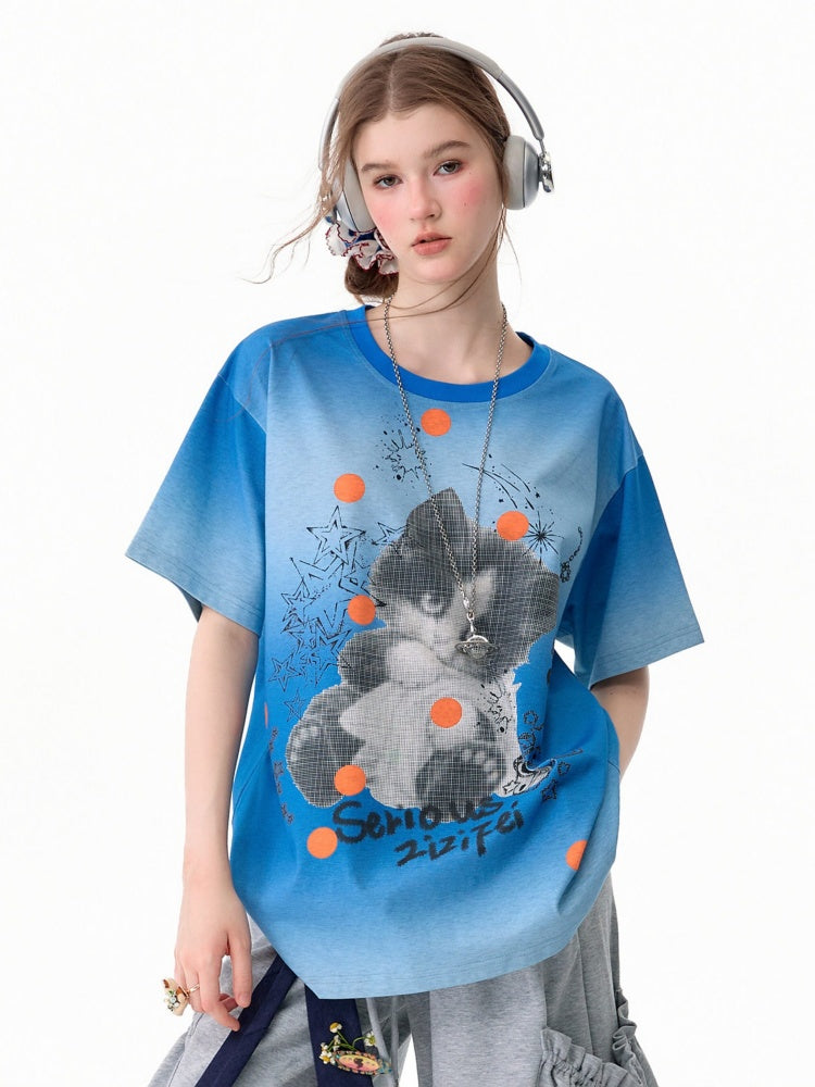 Blue Gradient Art Graffiti Cat Print Crew Neck Slimming Short-Sleeve T-Shirt【s0000017581】