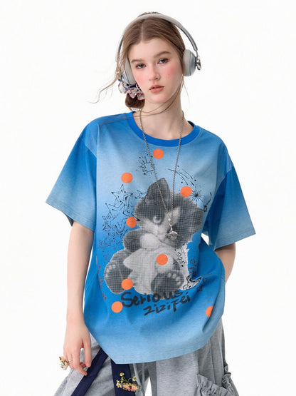 Blue Gradient Art Graffiti Cat Print Crew Neck Slimming Short-Sleeve T-Shirt【s0000017581】