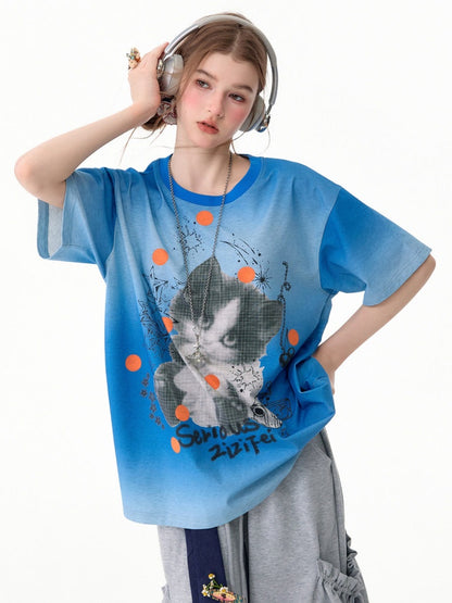 Blue Gradient Art Graffiti Cat Print Crew Neck Slimming Short-Sleeve T-Shirt【s0000017581】