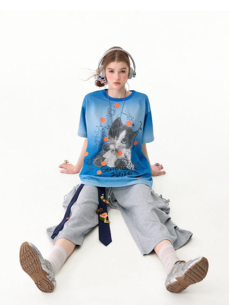 Blue Gradient Art Graffiti Cat Print Crew Neck Slimming Short-Sleeve T-Shirt【s0000017581】