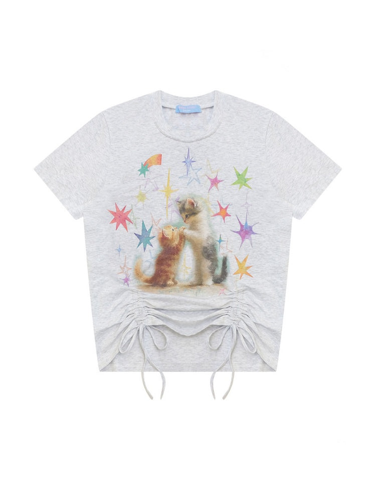 Vintage Lazy Style Cat Print Drawstring Light Gray Crew Neck Short Sleeve T-Shirt【s0000017582】