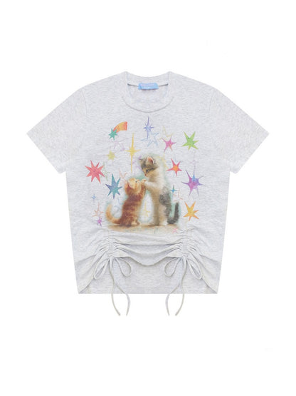 Vintage Lazy Style Cat Print Drawstring Light Gray Crew Neck Short Sleeve T-Shirt【s0000017582】