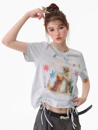 Vintage Lazy Style Cat Print Drawstring Light Gray Crew Neck Short Sleeve T-Shirt【s0000017582】