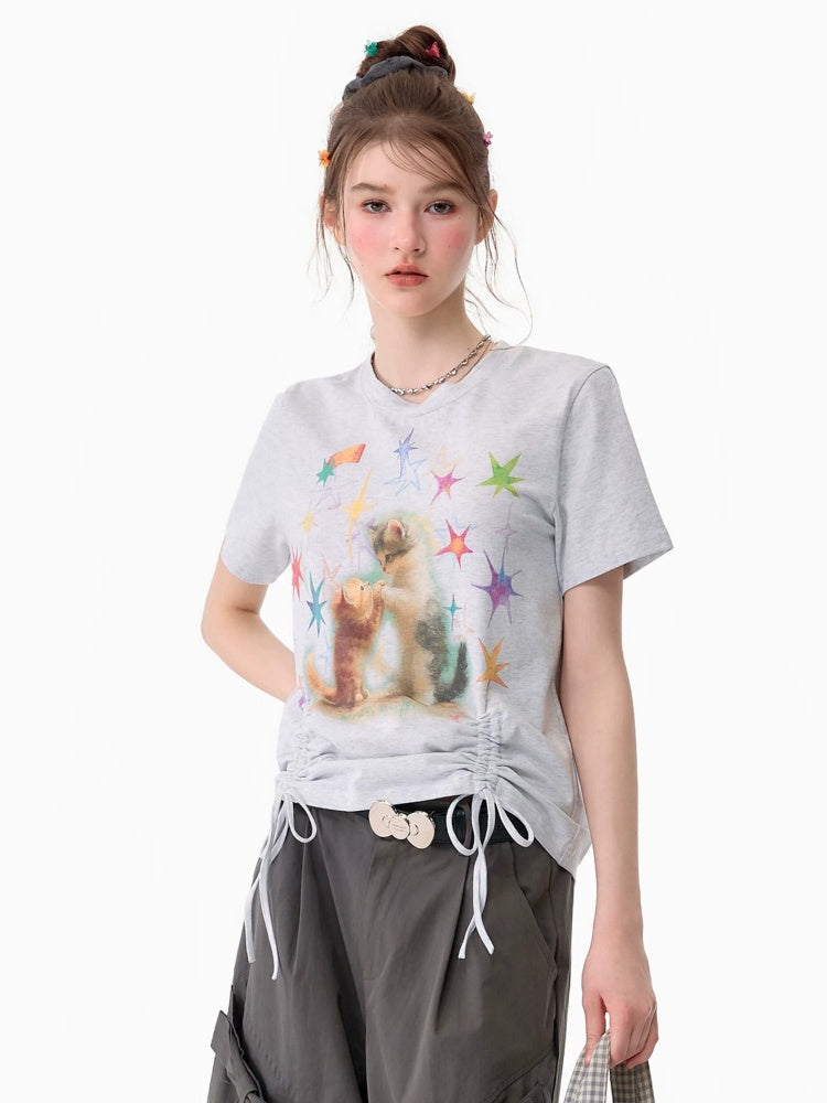 Vintage Lazy Style Cat Print Drawstring Light Gray Crew Neck Short Sleeve T-Shirt【s0000017582】
