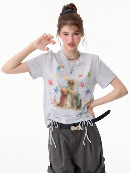 Vintage Lazy Style Cat Print Drawstring Light Gray Crew Neck Short Sleeve T-Shirt【s0000017582】