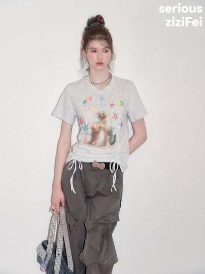 Vintage Lazy Style Cat Print Drawstring Light Gray Crew Neck Short Sleeve T-Shirt【s0000017582】