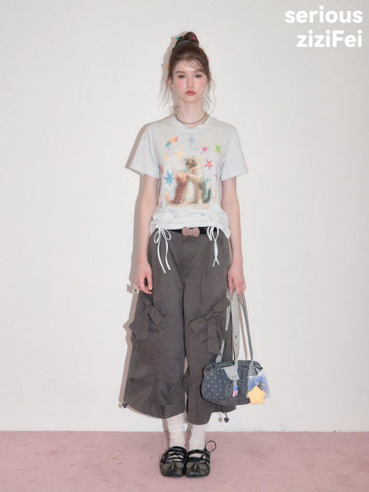 Vintage Lazy Style Cat Print Drawstring Light Gray Crew Neck Short Sleeve T-Shirt【s0000017582】