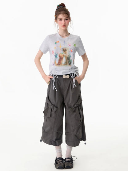 Vintage Lazy Style Cat Print Drawstring Light Gray Crew Neck Short Sleeve T-Shirt【s0000017582】