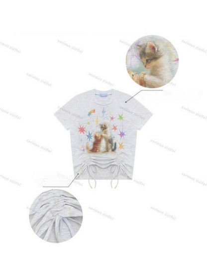 Vintage Lazy Style Cat Print Drawstring Light Gray Crew Neck Short Sleeve T-Shirt【s0000017582】