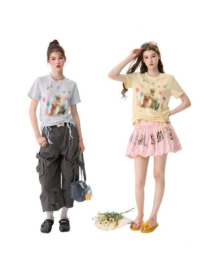 Vintage Lazy Style Cat Print Drawstring Light Gray Crew Neck Short Sleeve T-Shirt【s0000017582】