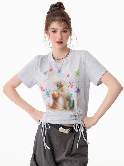 Vintage Lazy Style Cat Print Drawstring Light Gray Crew Neck Short Sleeve T-Shirt【s0000017582】