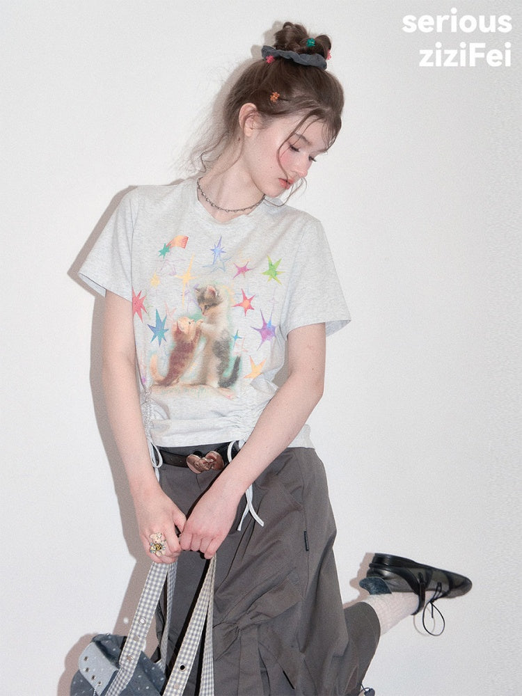 Vintage Lazy Style Cat Print Drawstring Light Gray Crew Neck Short Sleeve T-Shirt【s0000017582】