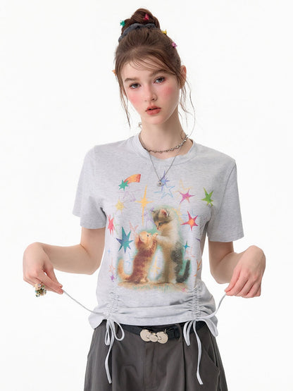 Vintage Lazy Style Cat Print Drawstring Light Gray Crew Neck Short Sleeve T-Shirt【s0000017582】