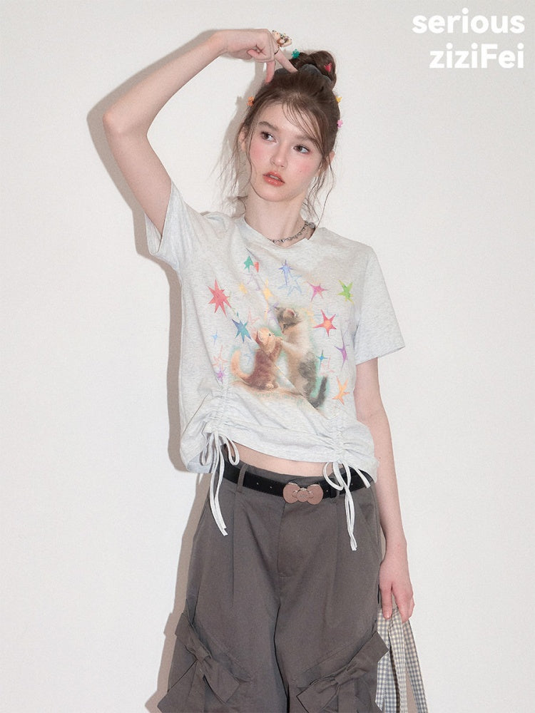 Vintage Lazy Style Cat Print Drawstring Light Gray Crew Neck Short Sleeve T-Shirt【s0000017582】