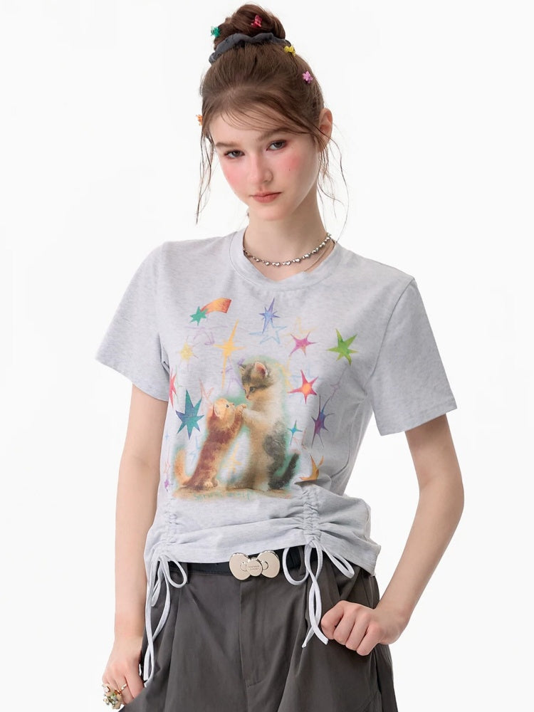 Vintage Lazy Style Cat Print Drawstring Light Gray Crew Neck Short Sleeve T-Shirt【s0000017582】