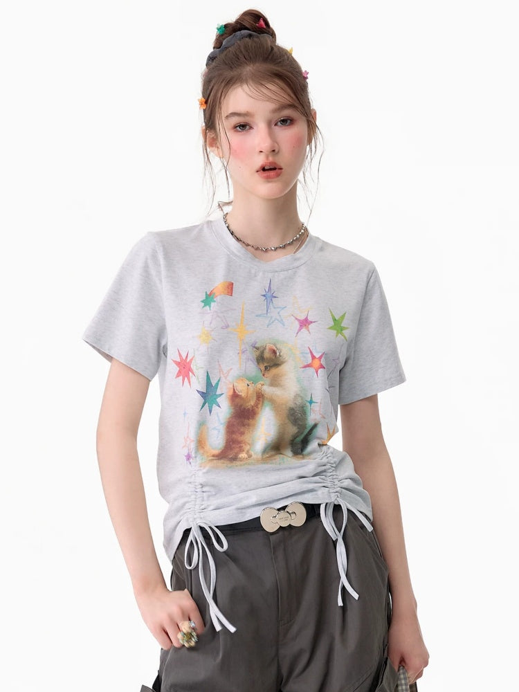 Vintage Lazy Style Cat Print Drawstring Light Gray Crew Neck Short Sleeve T-Shirt【s0000017582】
