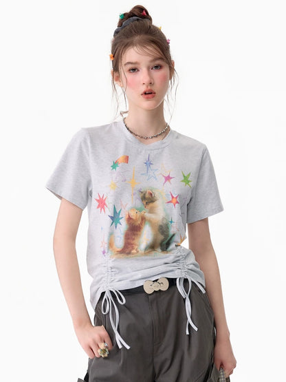 Vintage Lazy Style Cat Print Drawstring Light Gray Crew Neck Short Sleeve T-Shirt【s0000017582】
