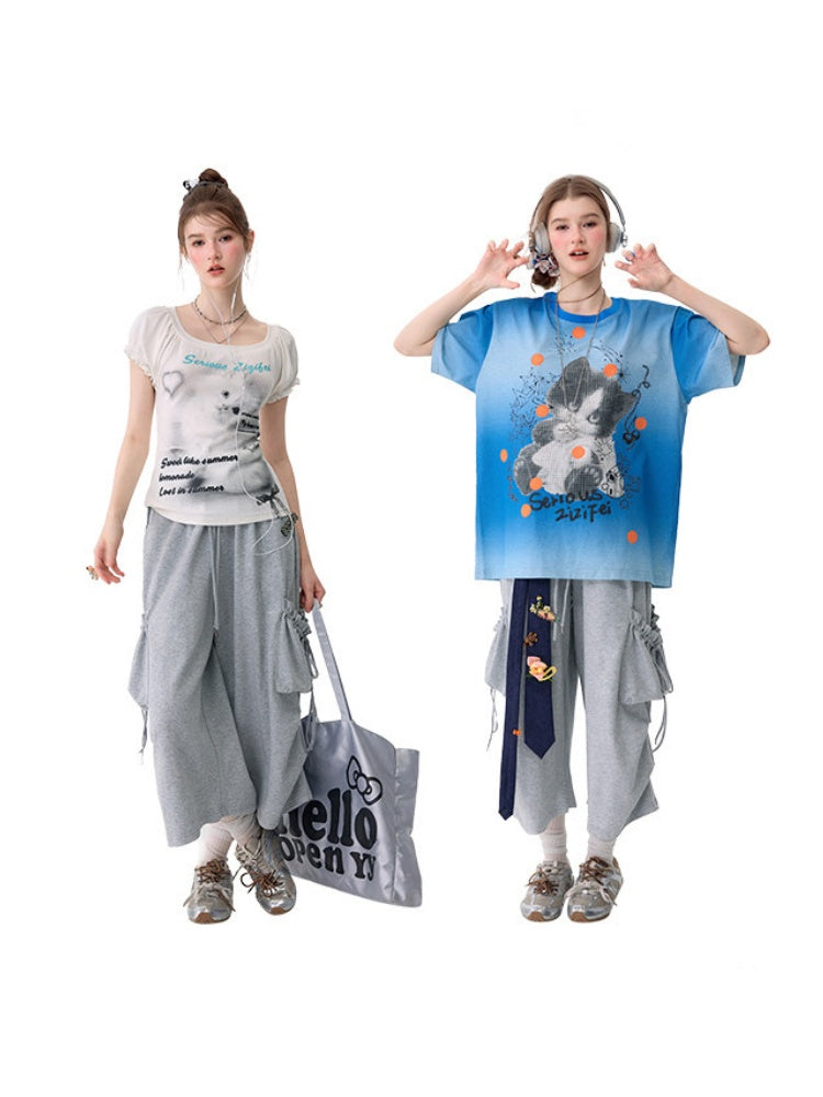 Slimming Drawstring Pocket Gray Wide-Leg Sports Cropped Casual Sweat Pants【s0000017583】
