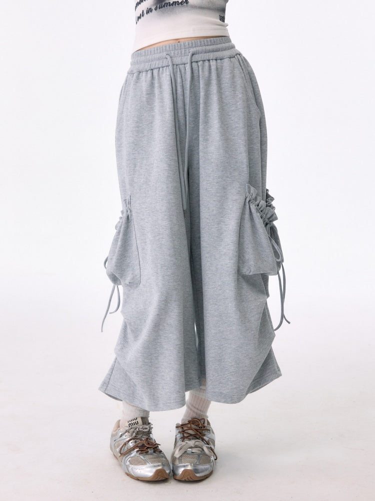 Slimming Drawstring Pocket Gray Wide-Leg Sports Cropped Casual Sweat Pants【s0000017583】