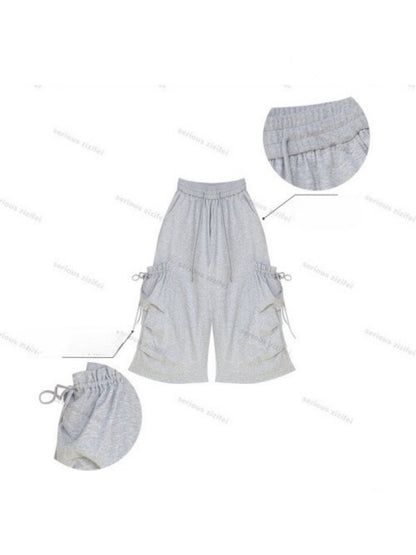 Slimming Drawstring Pocket Gray Wide-Leg Sports Cropped Casual Sweat Pants【s0000017583】