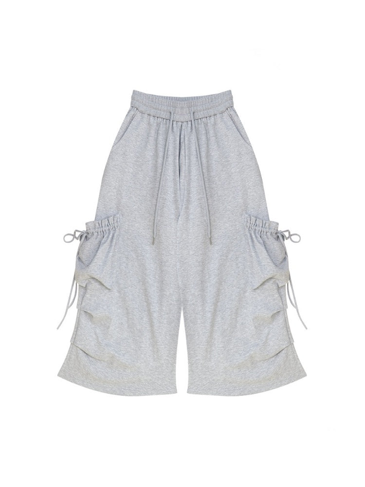Slimming Drawstring Pocket Gray Wide-Leg Sports Cropped Casual Sweat Pants【s0000017583】