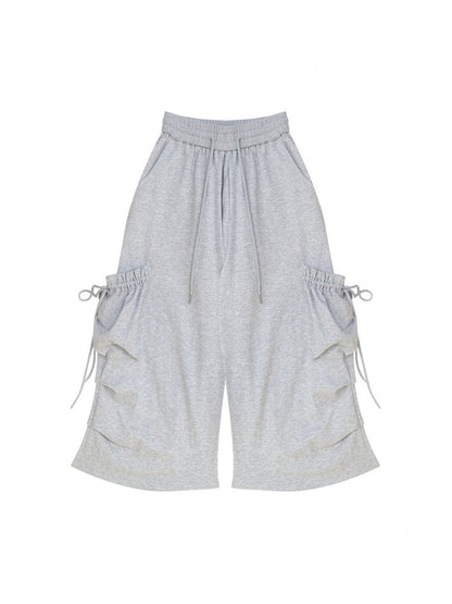 Slimming Drawstring Pocket Gray Wide-Leg Sports Cropped Casual Sweat Pants【s0000017583】