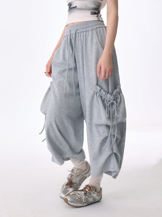 Slimming Drawstring Pocket Gray Wide-Leg Sports Cropped Casual Sweat Pants【s0000017583】