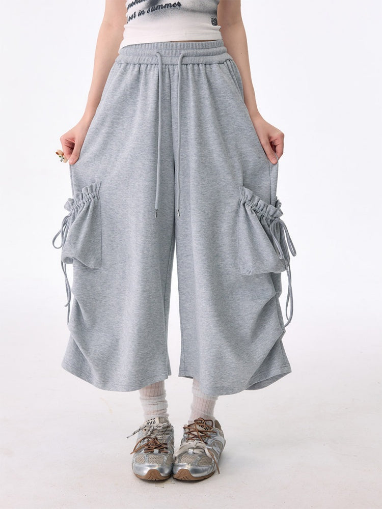 Slimming Drawstring Pocket Gray Wide-Leg Sports Cropped Casual Sweat Pants【s0000017583】