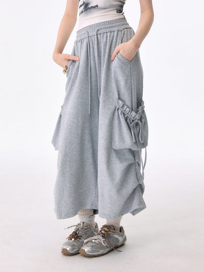 Slimming Drawstring Pocket Gray Wide-Leg Sports Cropped Casual Sweat Pants【s0000017583】