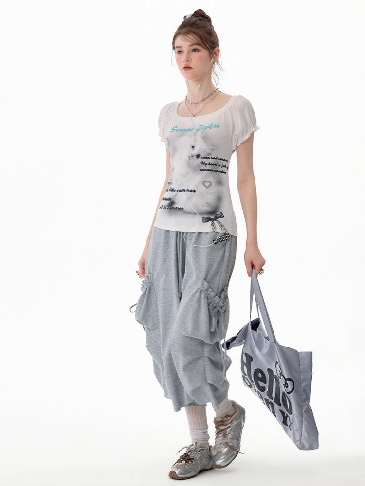 Slimming Drawstring Pocket Gray Wide-Leg Sports Cropped Casual Sweat Pants【s0000017583】