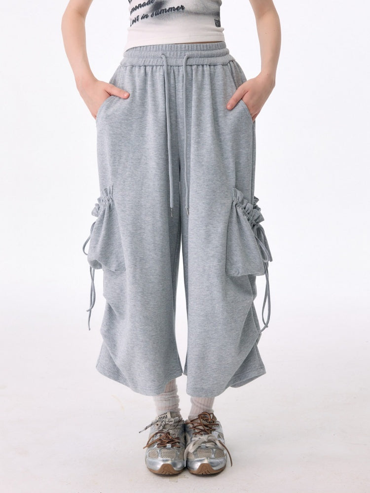 Slimming Drawstring Pocket Gray Wide-Leg Sports Cropped Casual Sweat Pants【s0000017583】