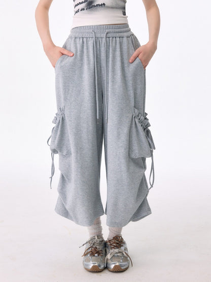 Slimming Drawstring Pocket Gray Wide-Leg Sports Cropped Casual Sweat Pants【s0000017583】