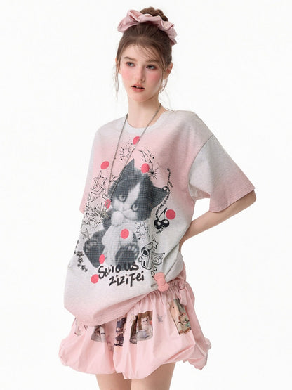 Pink Gradient Art Graffiti Cat Print Crew Neck Slimming Short Sleeve T-Shirt【s0000017584】