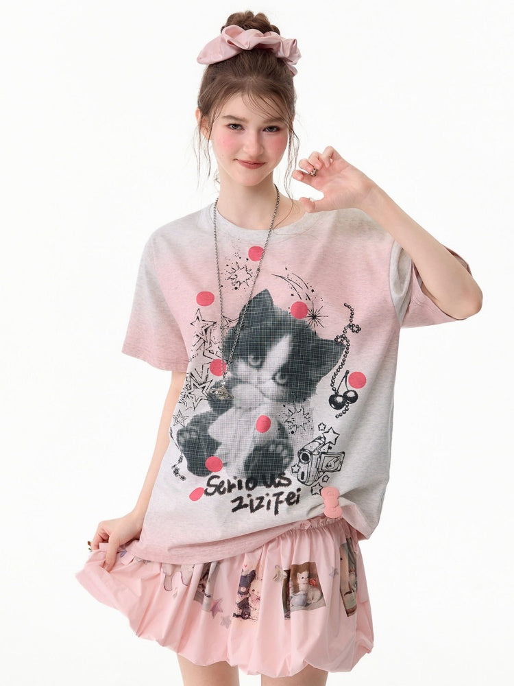 Pink Gradient Art Graffiti Cat Print Crew Neck Slimming Short Sleeve T-Shirt【s0000017584】