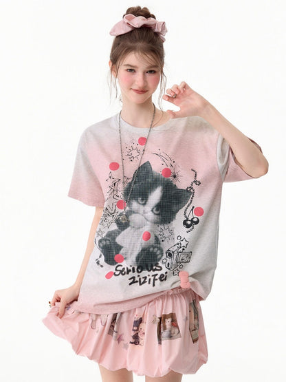 Pink Gradient Art Graffiti Cat Print Crew Neck Slimming Short Sleeve T-Shirt【s0000017584】