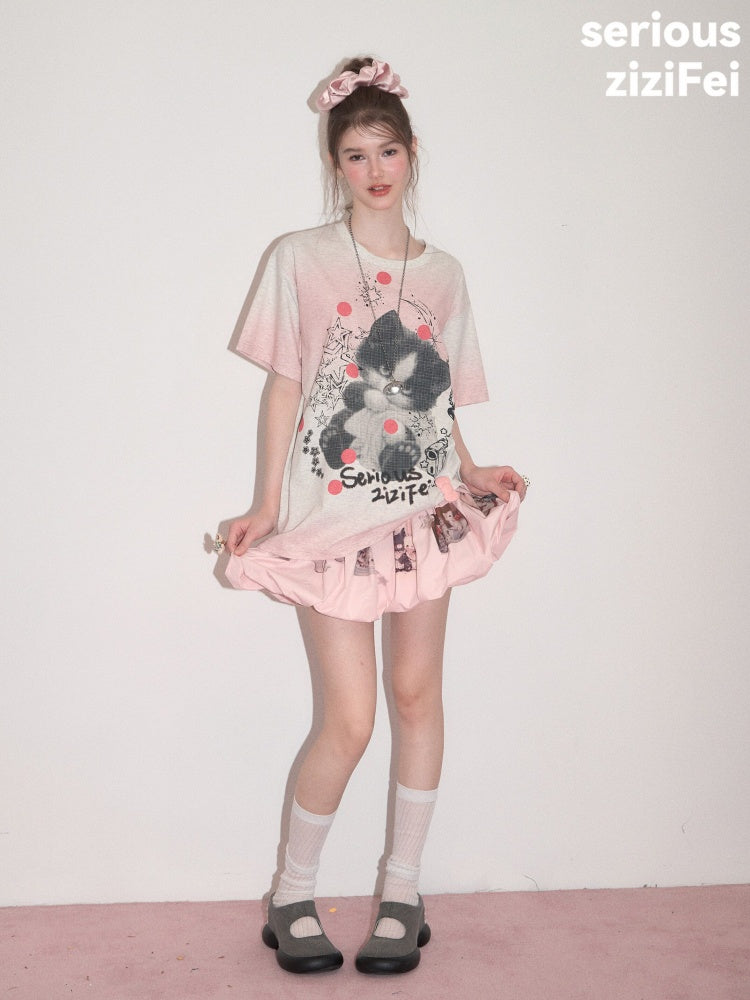 Pink Gradient Art Graffiti Cat Print Crew Neck Slimming Short Sleeve T-Shirt【s0000017584】