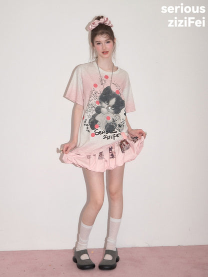 Pink Gradient Art Graffiti Cat Print Crew Neck Slimming Short Sleeve T-Shirt【s0000017584】