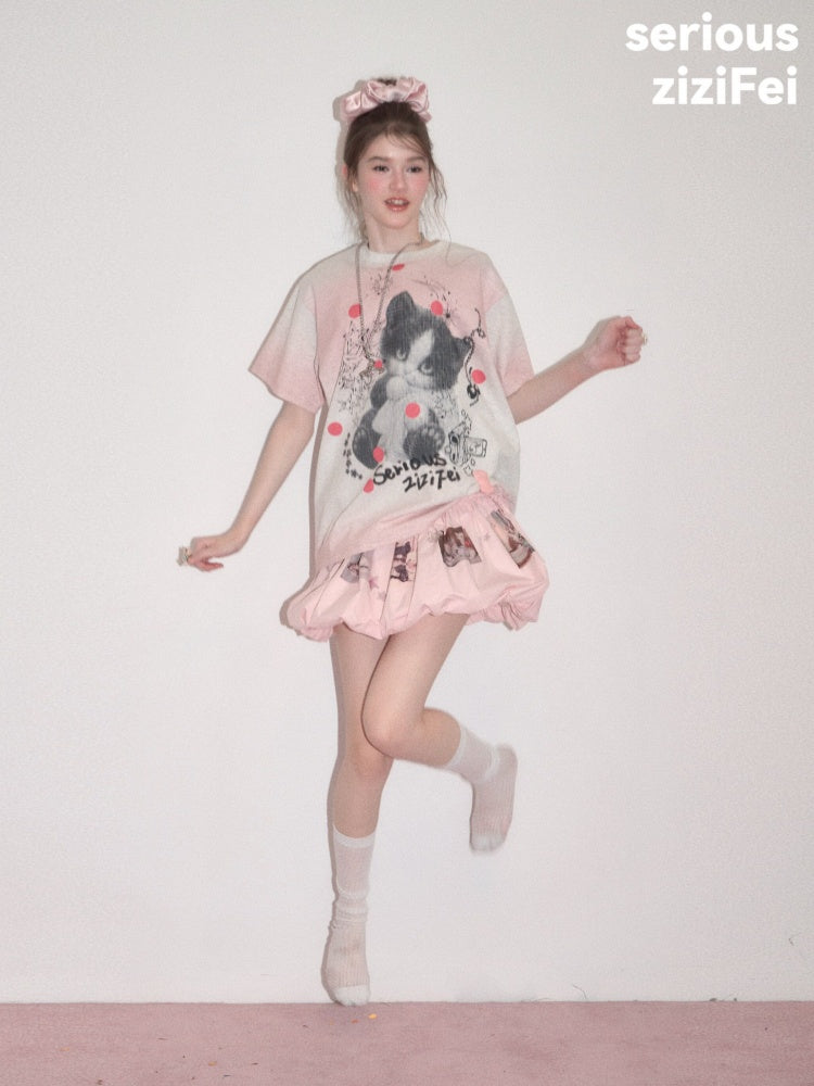 Pink Gradient Art Graffiti Cat Print Crew Neck Slimming Short Sleeve T-Shirt【s0000017584】