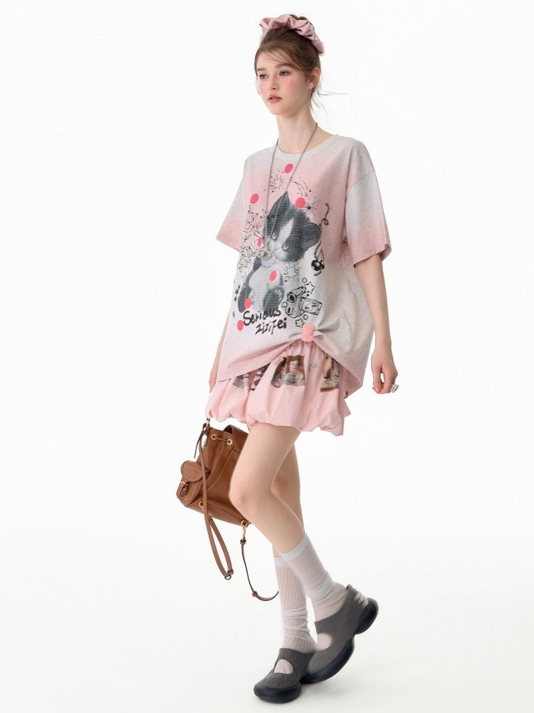 Pink Gradient Art Graffiti Cat Print Crew Neck Slimming Short Sleeve T-Shirt【s0000017584】