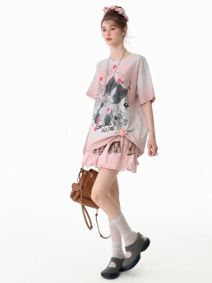 Pink Gradient Art Graffiti Cat Print Crew Neck Slimming Short Sleeve T-Shirt【s0000017584】