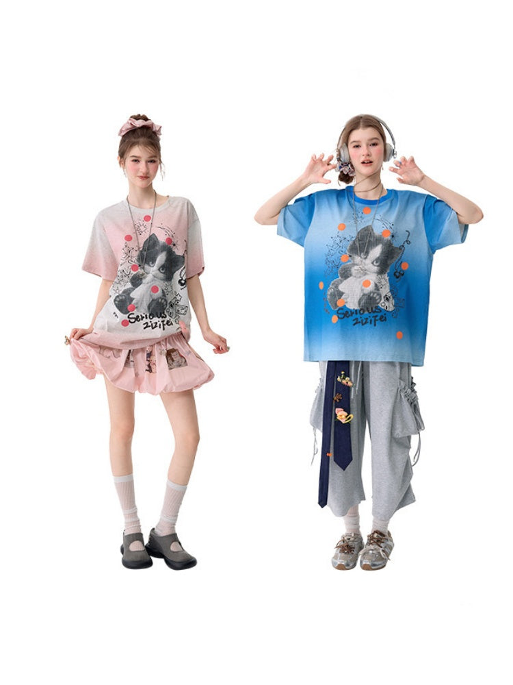 Pink Gradient Art Graffiti Cat Print Crew Neck Slimming Short Sleeve T-Shirt【s0000017584】